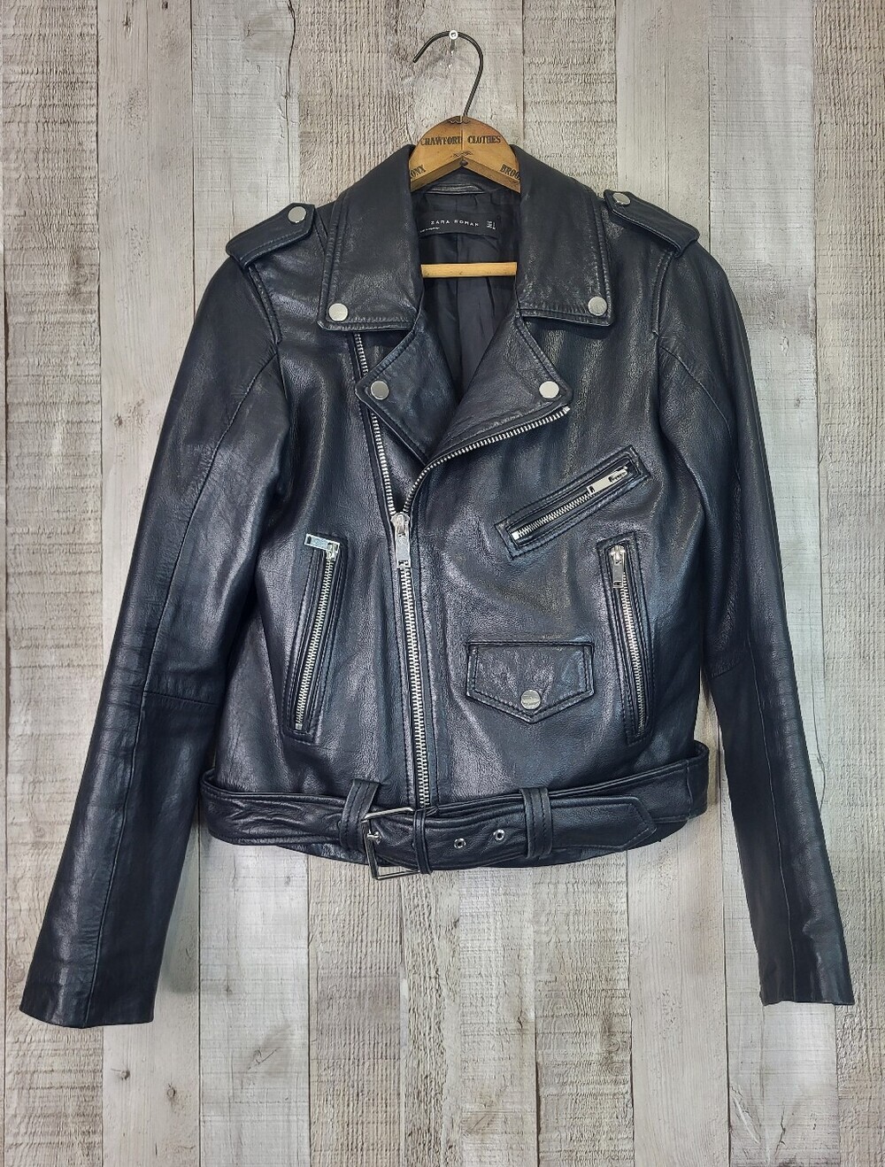 Zara Black Leather Sheepskin Jacket with Belt. Size Small